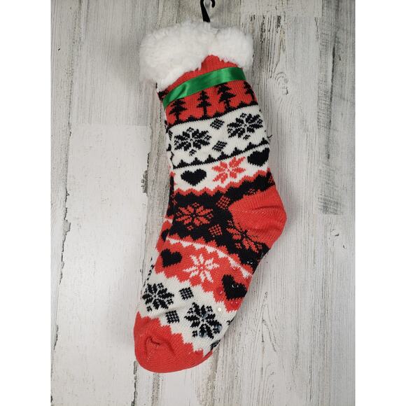 NWT Sherpa Lined Knit Winter Snowflake Holiday Design No-Slip Slipper Socks - Picture 6 of 6